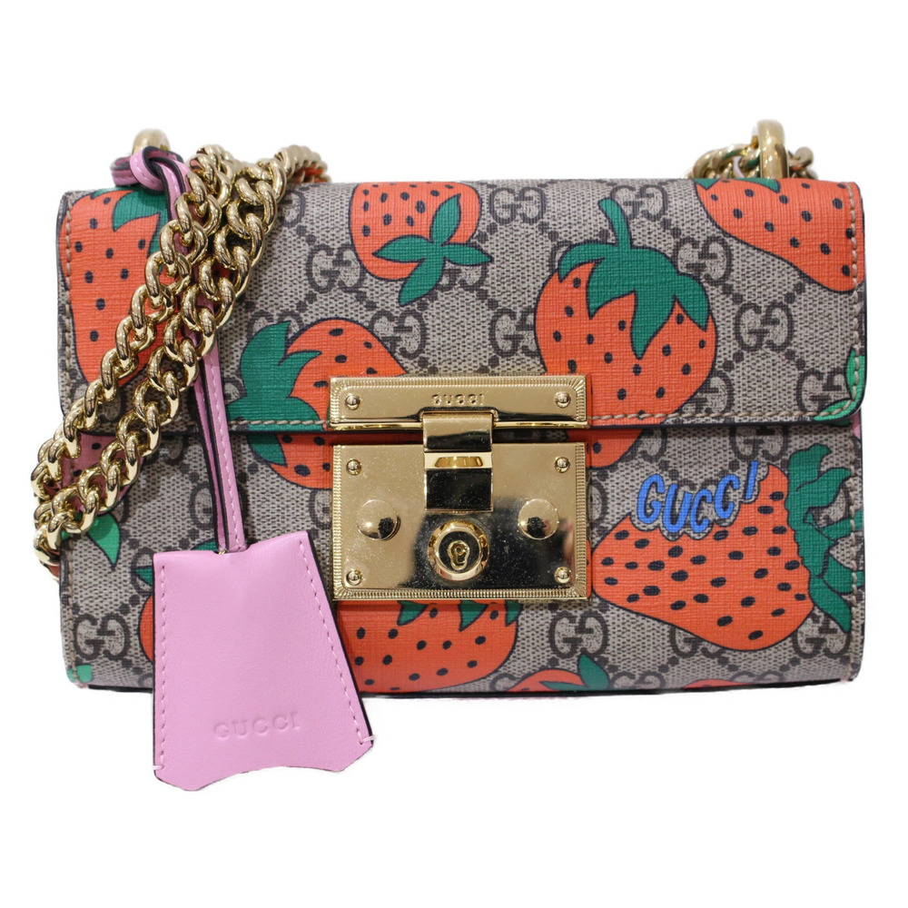 GUCCI Padlock Chain Shoulder Bag GG Supreme Leather Beige Pink Straw Tanberry